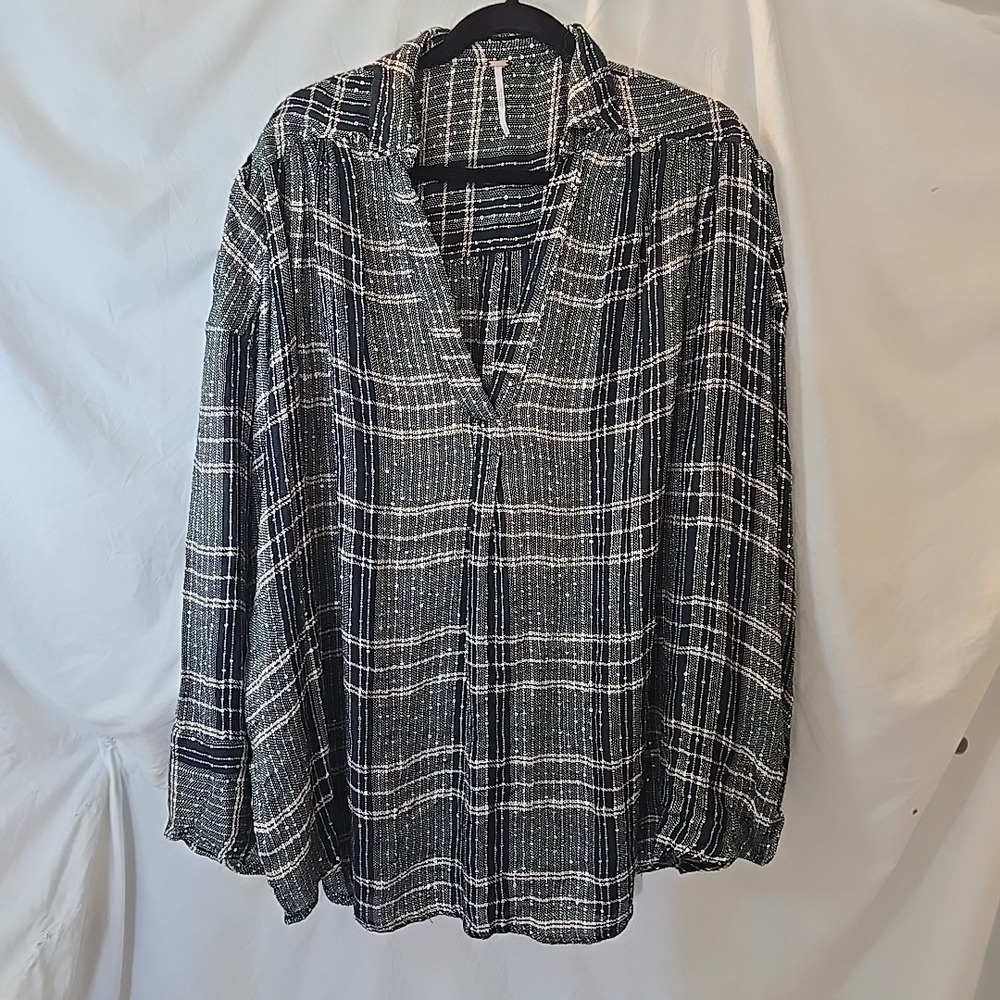 Free People Black & White Metallic Sequins Woven Women's Pullover Top L Oversize